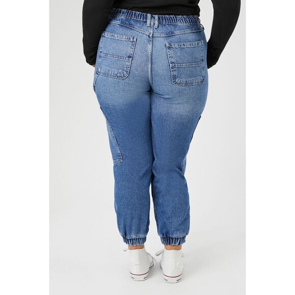 Forever 21+ Denim Joggers Women’s 16 Blue Stone Wash Elastic Waist Cargo Utility - Picture 4 of 7